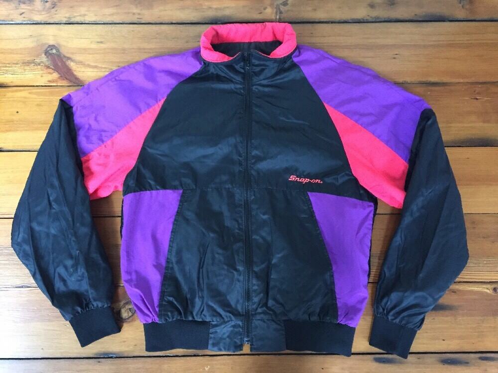 Vtg 90s Swingster Snap-On Vaporwave Black Pink Nylon Windbreaker Parka L 44"